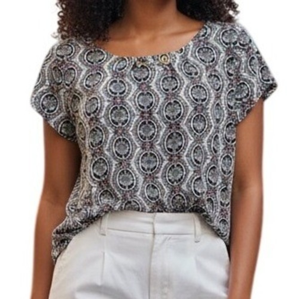 WHITE HOUSE BLACK MARKET Medallion Print Silvertone Horsebit Cap Sleeve Top S